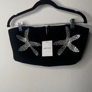 Forever 21 Black Strapless Crop Top with Silver Sequin Starfish – NWT
